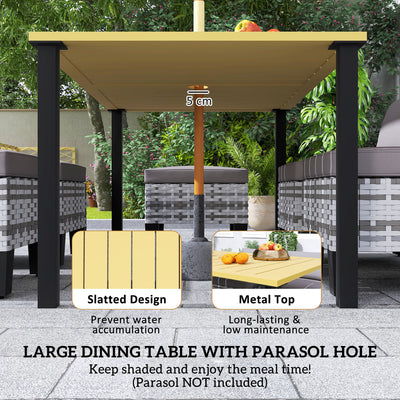 Outsunny 7-Piece Rattan Garden Dining Set, 6 Seater Wicker Garden Furniture Set with Seat and Back Cushions, Umbrella Hole, Patio Table and Chairs with Slatted Metal Top Table for Balcony, Grey 