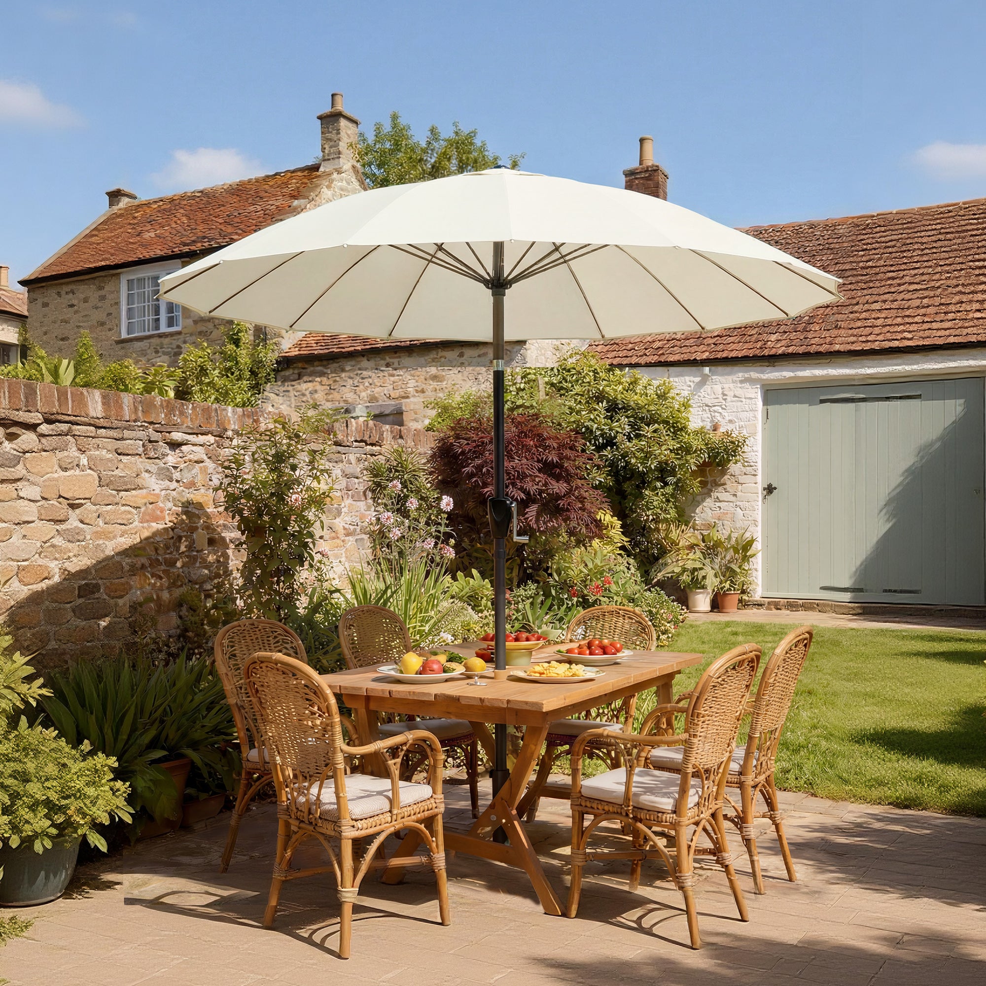 Outsunny 2 m Shanghai Garden Parasol Umbrella with 16 Fibreglass Ribs, Outdoor Parasol Sun Shade with Crank & Tilt, Cream White 