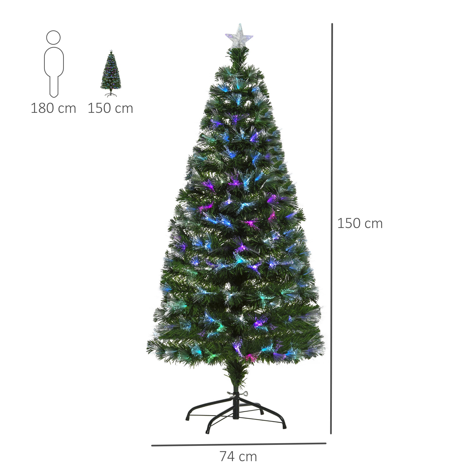 HOMCOM 5FT Multicoloured Artificial Christmas Tree w/ Fibre Optic Lights Pre-Lit Modes Metal Stand Star Holder Home Seasonal Decoration 