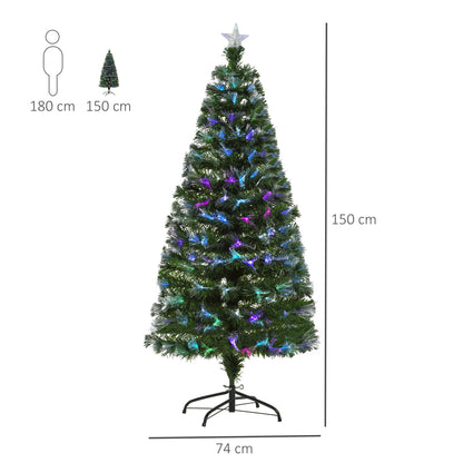 HOMCOM 5FT Multicoloured Artificial Christmas Tree w/ Fibre Optic Lights Pre-Lit Modes Metal Stand Star Holder Home Seasonal Decoration 