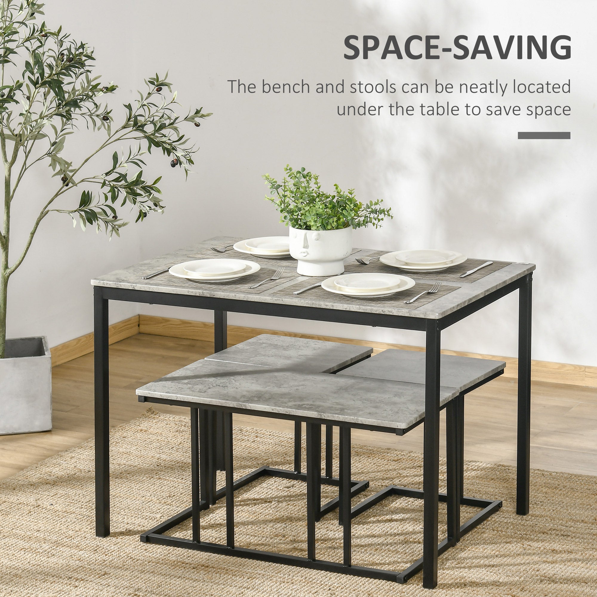 HOMCOM Dining Table and Chairs Set for 4 People, Concrete Effect Kitchen Table and Bench Set with Steel Frame, 4 Piece Dining Room Sets, Grey 