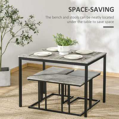 HOMCOM Dining Table and Chairs Set for 4 People, Concrete Effect Kitchen Table and Bench Set with Steel Frame, 4 Piece Dining Room Sets, Grey 