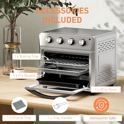 HOMCOM 24L Air Fryer Oven, Mini Oven, Oil Free Cooking, Grill, Roast, Bake, with Adjustable Temperature, Timer, Touch Screen, Dishwasher Safe, 1600W, Silver 