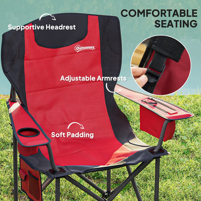 Outsunny Set of 2 Folding Camping Chairs, Padded Camping Chairs with Adjustable Armrests, Portable & Lightweight Folding Camp Chair with Cooler Bag, Cup Holder and Side Pockets, Red 