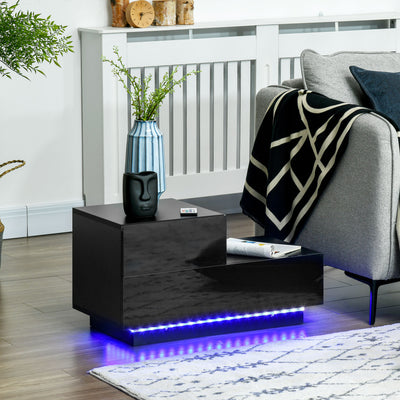 HOMCOM High Gloss Front Bedside Table with Drawers Nightstand with RGB LED Light and Remote for Bedroom Living Room Black 