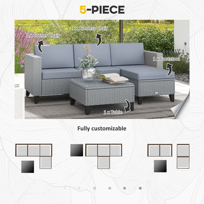 Outsunny 5-Piece Rattan Patio Furniture Set with Corner Sofa, Footstools, Coffee Table, for Poolside, Grey 