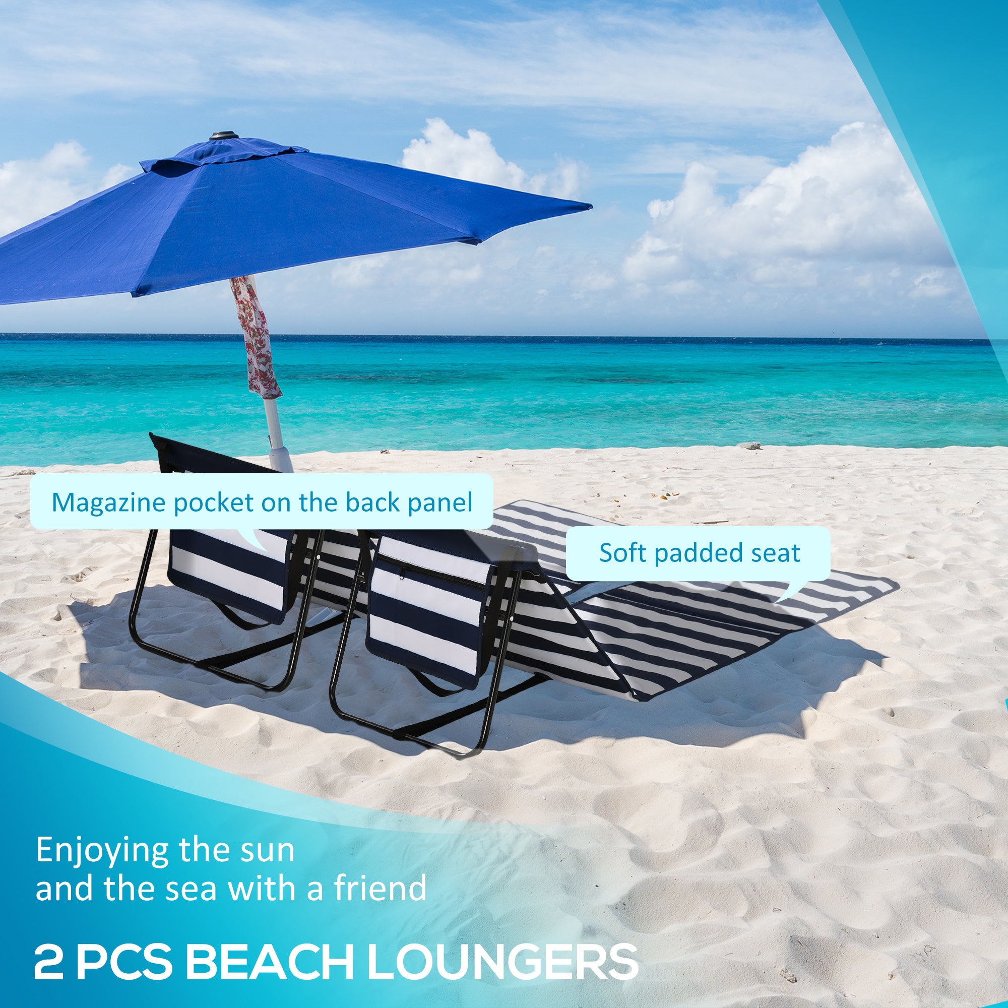 Outsunny Set of 2 Foldable Garden Beach Chair Mat, Outdoor Sun Lounger Seats with Adjustable Back, Magazine Pocket, Carry Bag 