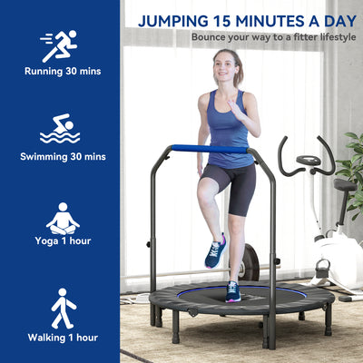 HOMCOM 48" Foldable Mini Fitness Trampoline, with Adjustable Foam Handle, Blue 