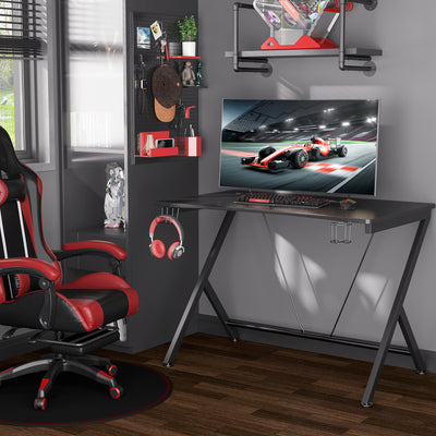 HOMCOM Gaming Desk 108 x 66 cm PC Computer Desk with Whole Board, A Shaped Gaming Table for Home Office with Cup Holder and Headphone Hook, Black 
