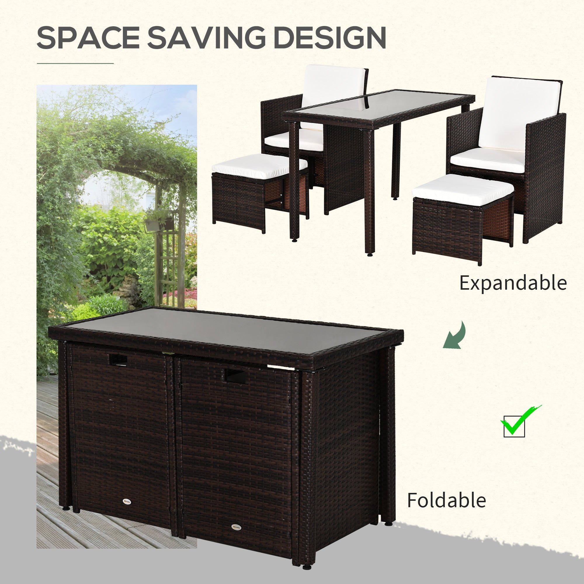 Outsunny 2 Seater Rattan Cube Garden Furniture Set, Rattan Dining Set with Cushions, Outdoor Dining Table and Chairs with 2 Armchairs, 2 Stools, Rectangular Glass Top Table for Patio, Balcony, Brown 