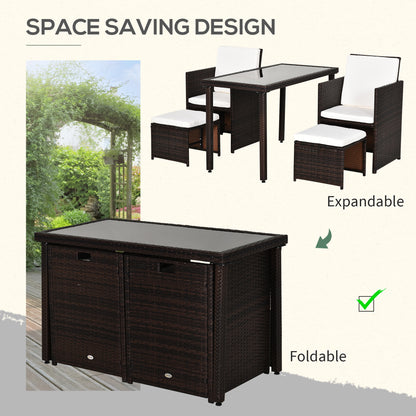 Outsunny 2 Seater Rattan Cube Garden Furniture Set, Rattan Dining Set with Cushions, Outdoor Dining Table and Chairs with 2 Armchairs, 2 Stools, Rectangular Glass Top Table for Patio, Balcony, Brown 