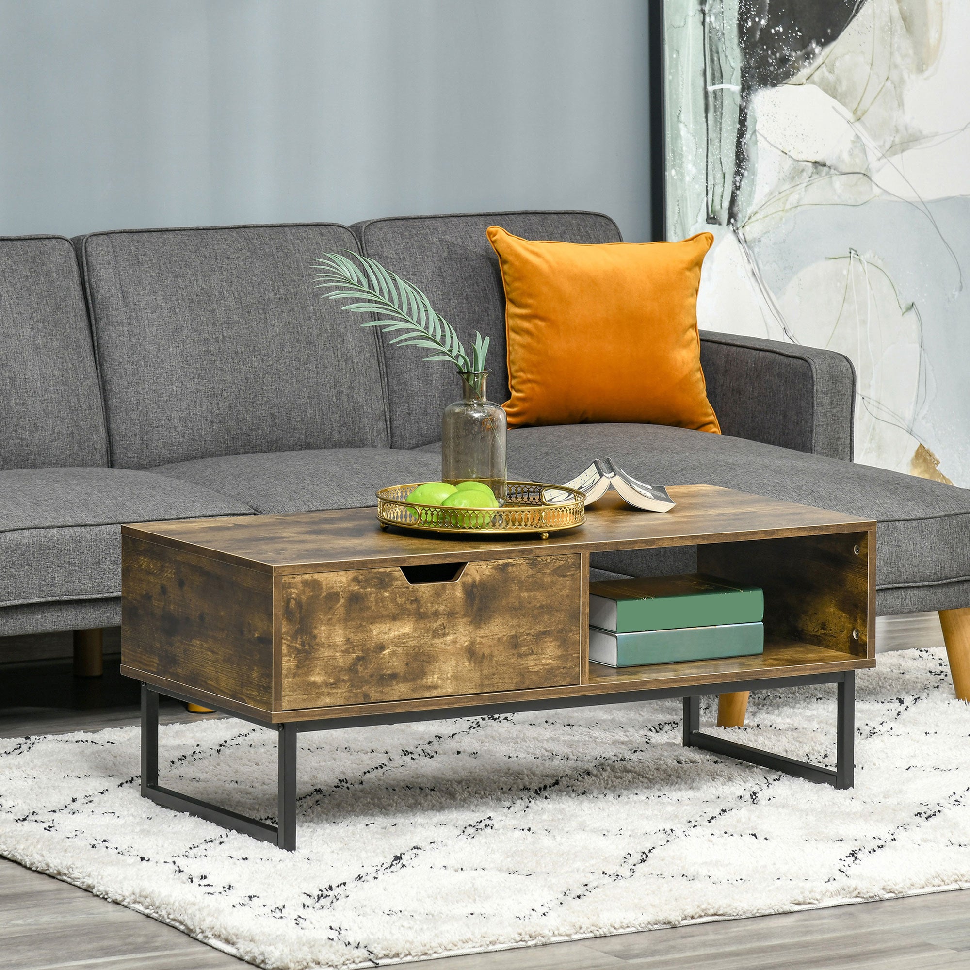 HOMCOM Industrial Coffee Table, Centre Table with Storage Shelf, Drawer and Metal Frame, Coffee Tables for Living Room, Office, 106W x 48D x 43H cm, Rustic Brown 