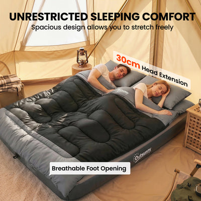 Outsunny Double Sleeping Bag with 2 Pillows, 220 x 160 cm Extra-Large Sleeping Bag for Adults, Black and Grey 
