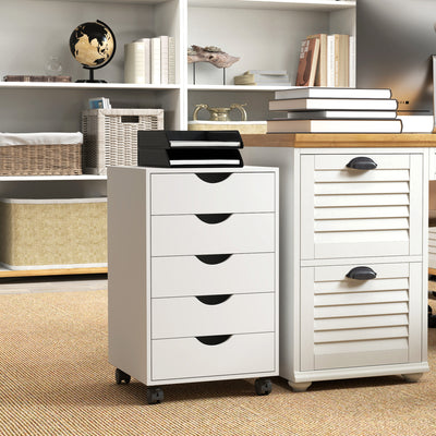 HOMCOM 5 Drawer Mobile Filing Cabinet, Vertical File Cabinet, Modern Rolling Office Storage Organizer Cupboard, White 