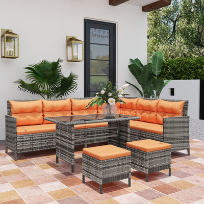 Outsunny 7-Seater Patio wicker Sofa Set Rattan Chair Furniture w/ Glass & Cushioned, Orange 