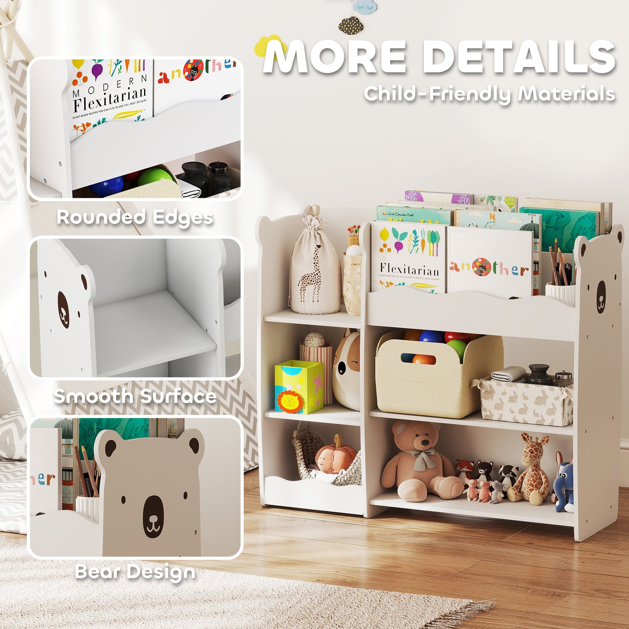AIYAPLAY Kids Toy Storage Unit, Bear Design Kids Bookshelf and Toy Organiser, for Bedroom, Nursery, Playroom, White 