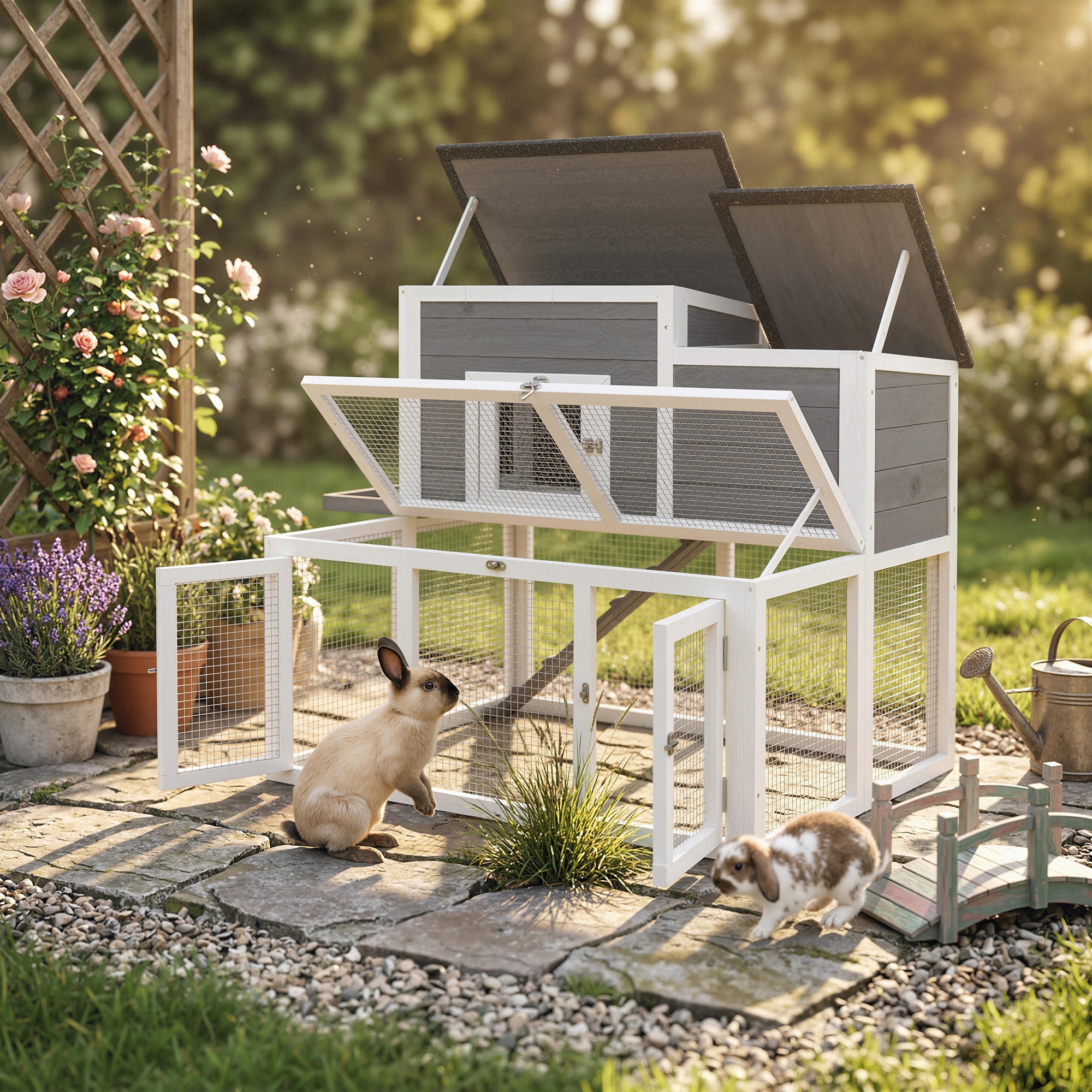PawHut Wooden Rabbit Hutch, Indoor Outdoor Bunny Cage with Waterproof & Openable Roof, Pull Out Tray and Ramp, Guinea Pig Hutch 