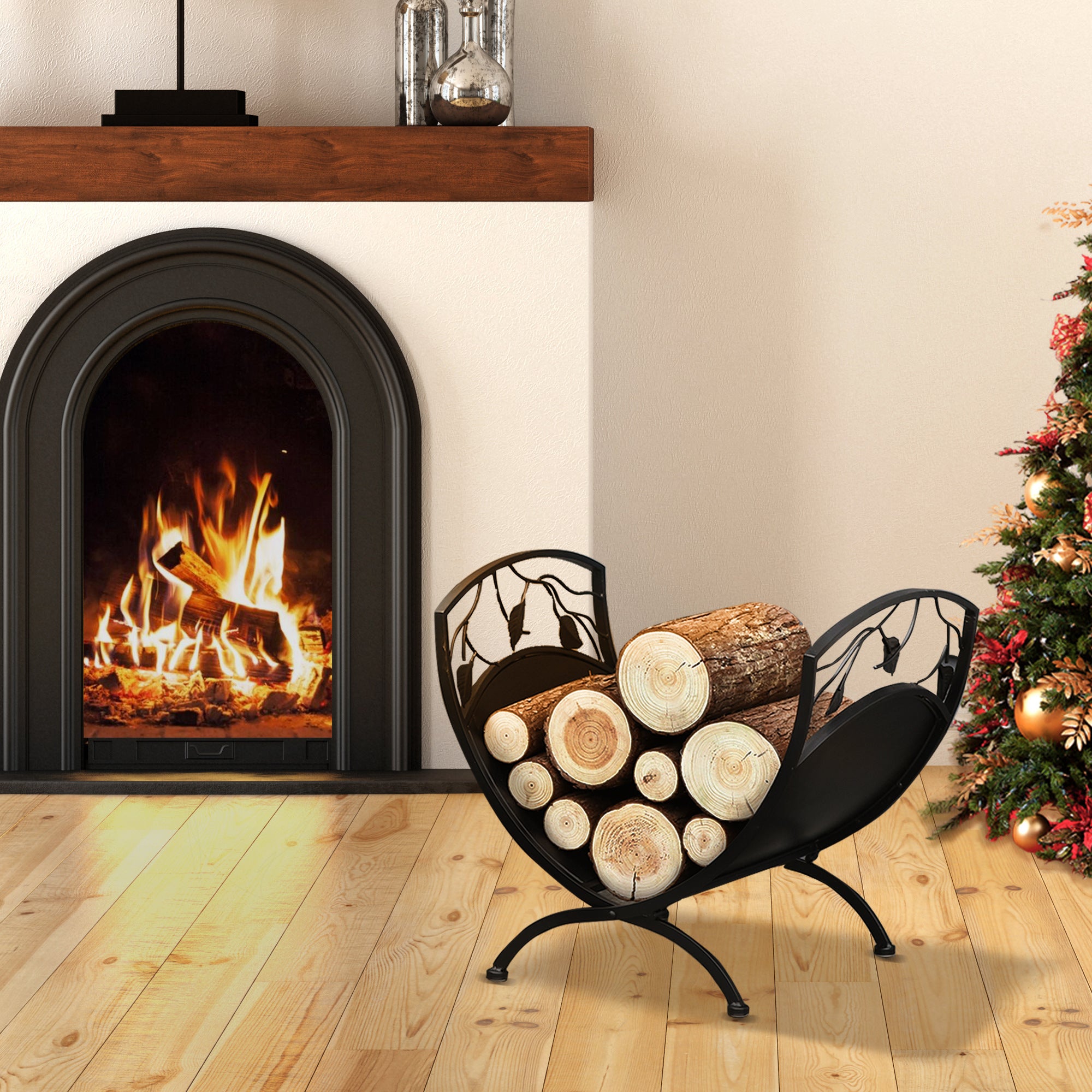 Outsunny Metal Arced Firewood Log Holder Indoor Outdoor Folding Firewood Rack Fireplace Wood Storage Shelf w/ Leaf Pattern Design, Black, 43.5W x 36.5D x 41H cm 