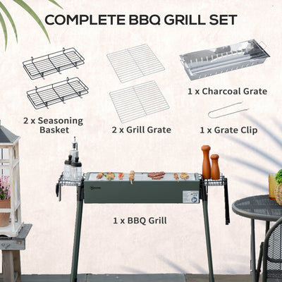 Outsunny Portable Charcoal Barbecue BBQ Grill with Seasoning Baskets and Hooks, Compact Stainless Steel Cooker for Camping Picnic Hiking Garden Party Festival 