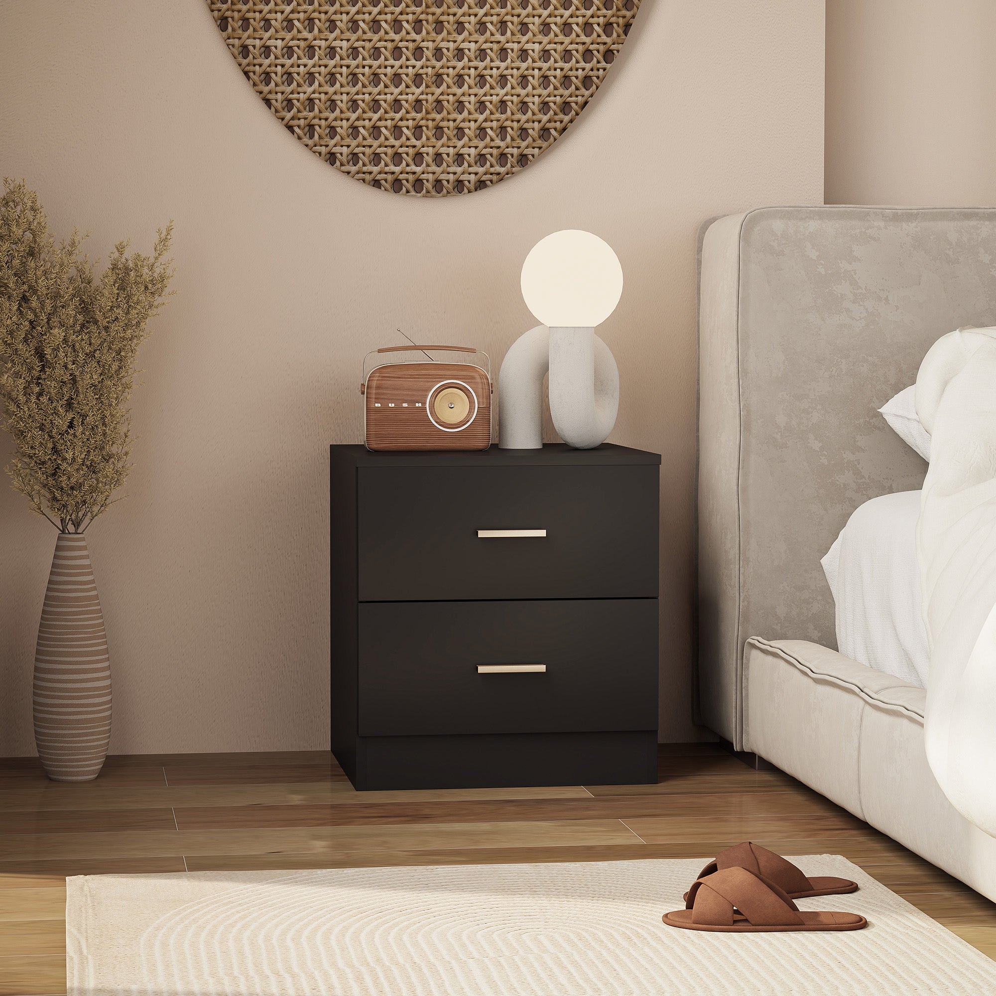 HOMCOM Modern Bedside Table, Beside Cabinet with 2 Drawers, for Bedroom, Living Room, Black 