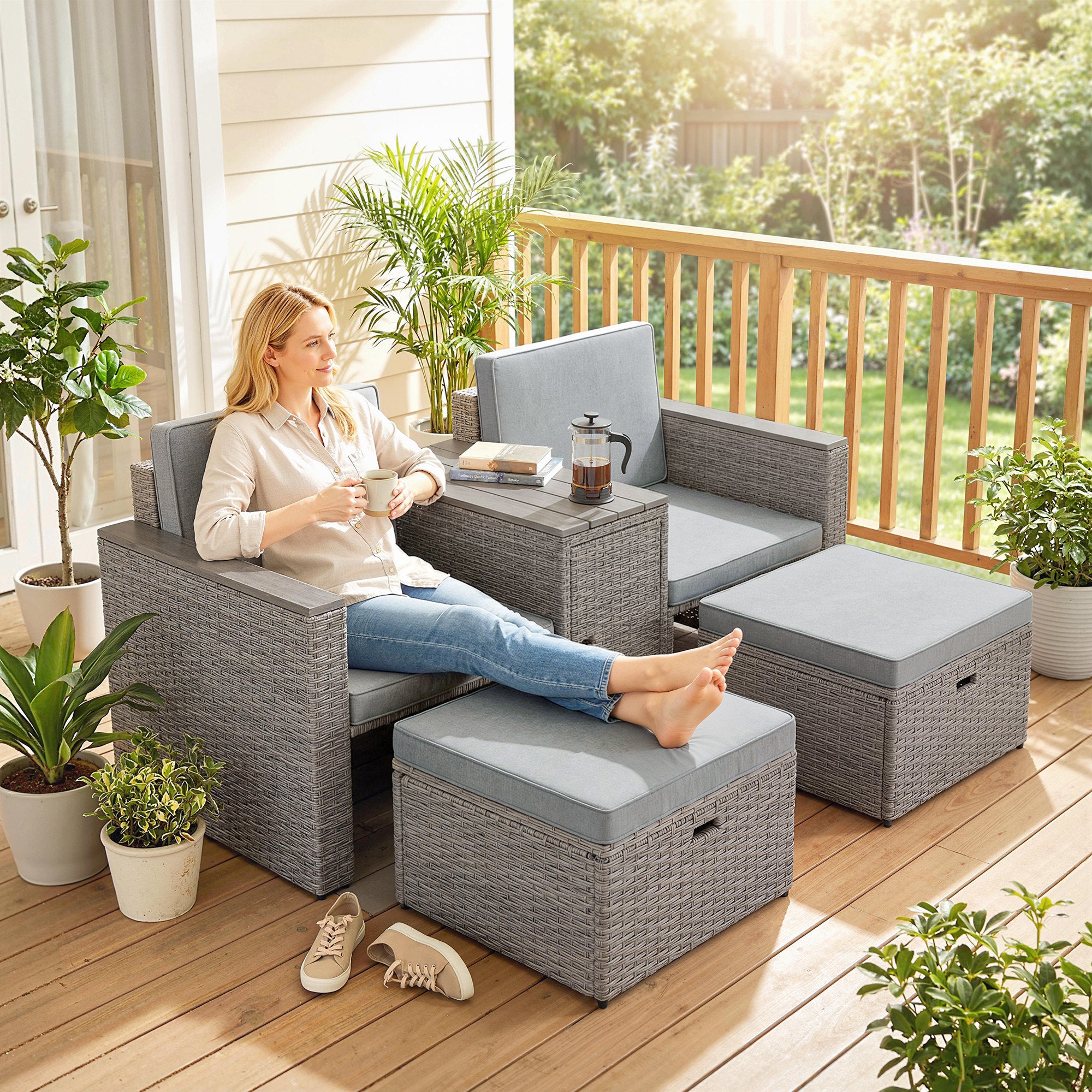 Outsunny 5 Piece Rattan Garden Furniture Set with Storage Table, Footstools, Cushions, Dark Grey 