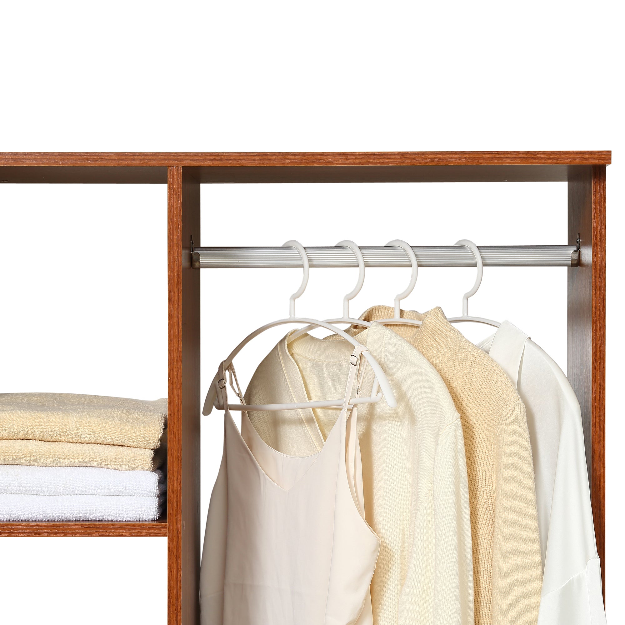 HOMCOM Open Wardrobe on Wheels, Bedroom Wardrobe with Clothes Hanging Rail, 3 Storage Shelves, Mobile Garment Rack for Cloakroom, Hallway, Walnut 