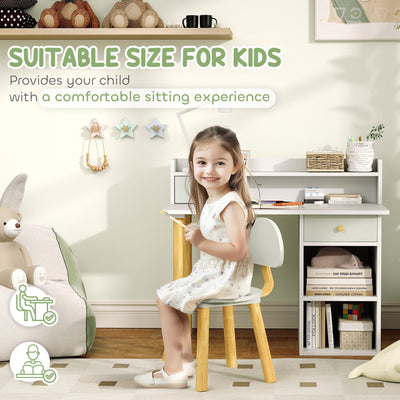 AIYAPLAY Two-Piece Children Study Table with Hutch, Kids Desk and Chair Set with Storage, Drawer, Shelves, Green 