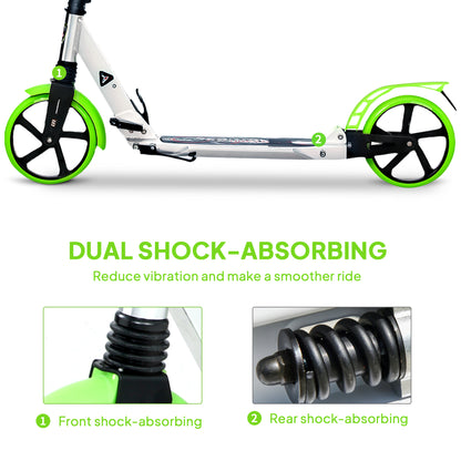 HOMCOM Folding Kick Scooter, Adjustable Ride On Scooter with 200mm Big Wheels and Double Shock Absorption, Urban Scooter for 14+ Teens Adult, Green