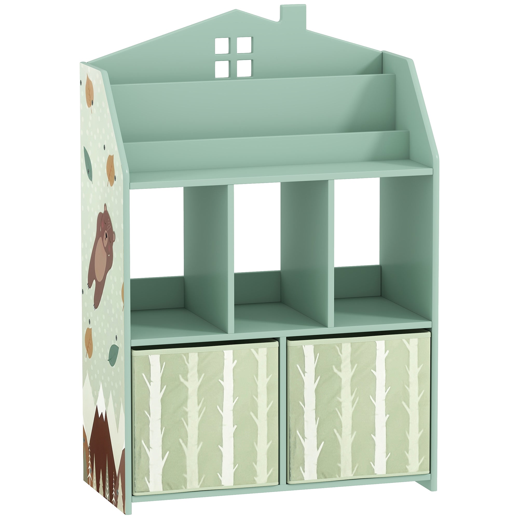 AIYAPLAY Kids Bookshelf with Storage, Toy Storage Unit with Book Display, Shelves and Fabric Drawers for Playroom Nursery, Green 