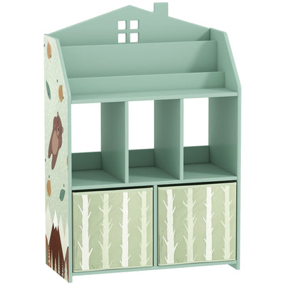 AIYAPLAY Kids Bookshelf with Storage, Toy Storage Unit with Book Display, Shelves and Fabric Drawers for Playroom Nursery, Green 