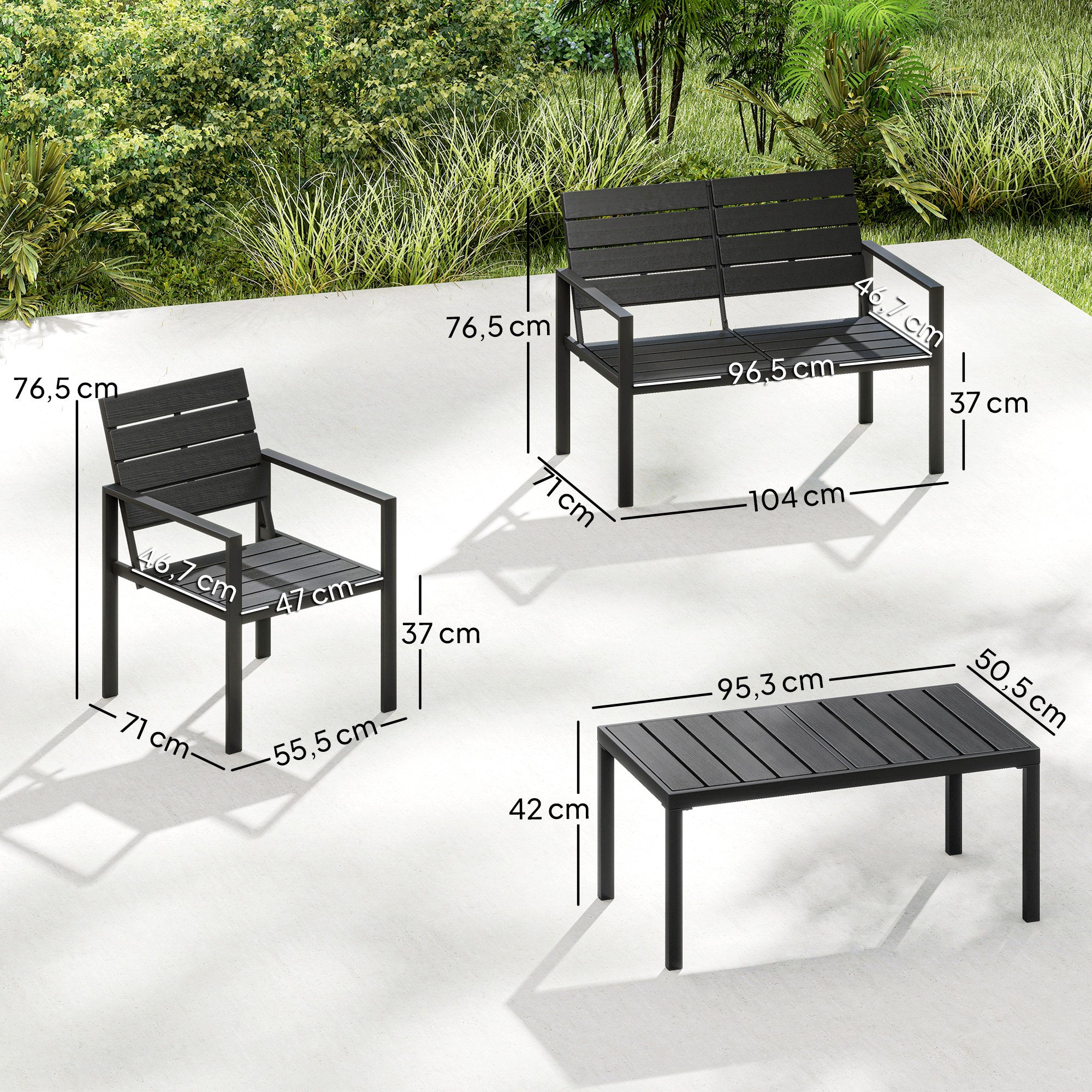 Outsunny 4 Piece Garden Furniture Set, Outdoor Sofa Set with HDPE Slatted Loveseat Armchairs Coffee Table Metal Frame, Black 