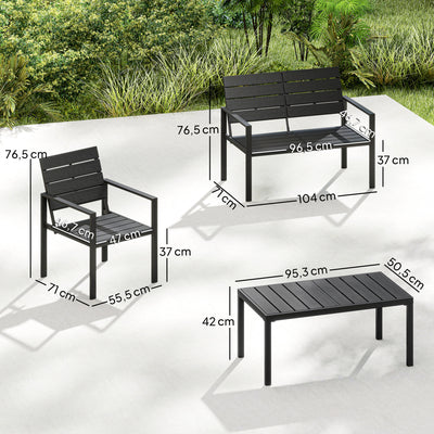 Outsunny 4 Piece Garden Furniture Set, Outdoor Sofa Set with HDPE Slatted Loveseat Armchairs Coffee Table Metal Frame, Black 