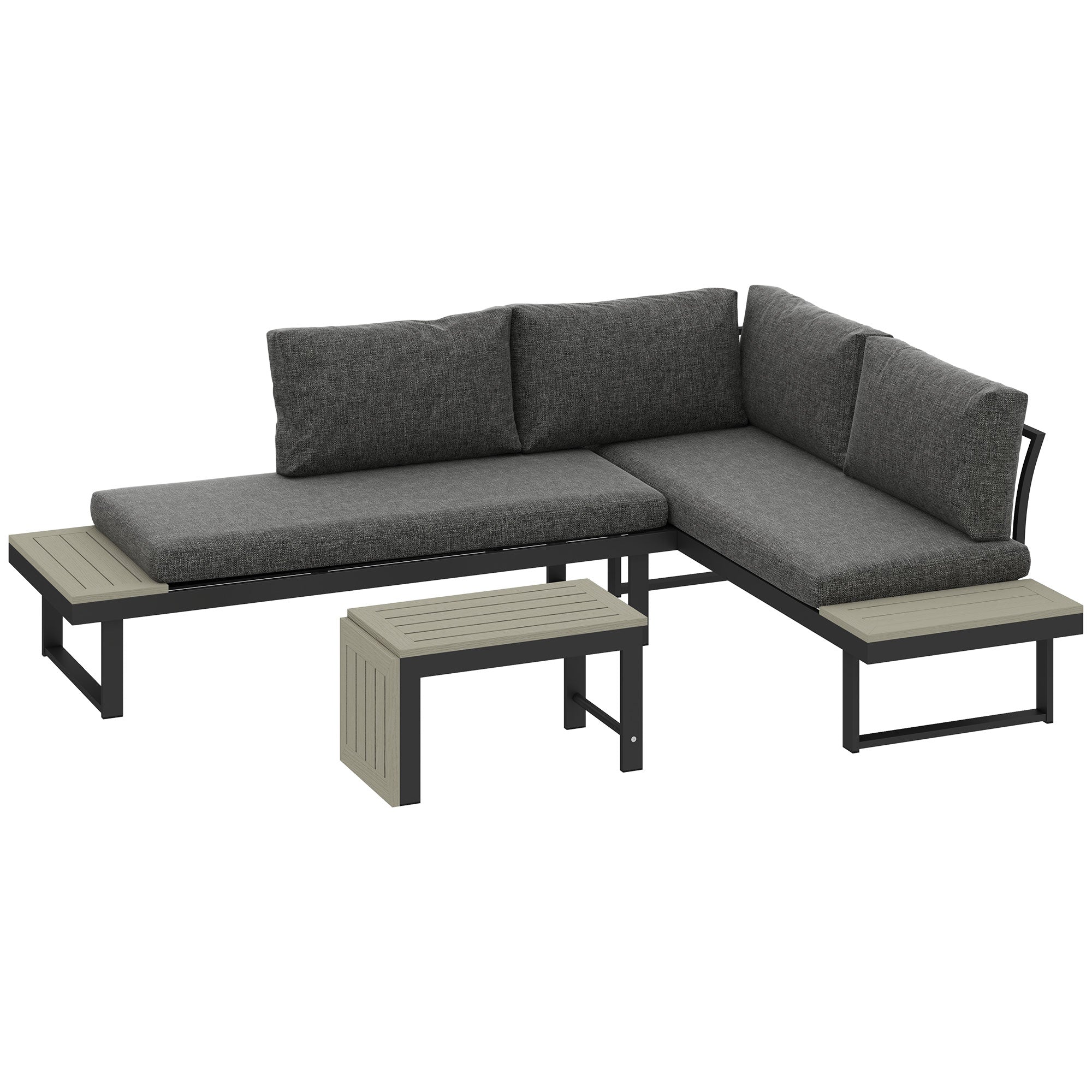 Outsunny 4 Seater L Shaped Aluminium Sectional Garden Furniture Set with 2 Loveseats and Wood-Plastic Coffee Table - Dark Grey 