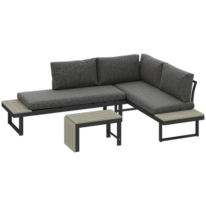 Outsunny 4 Seater L Shaped Aluminium Sectional Garden Furniture Set with 2 Loveseats and Wood-Plastic Coffee Table - Dark Grey 