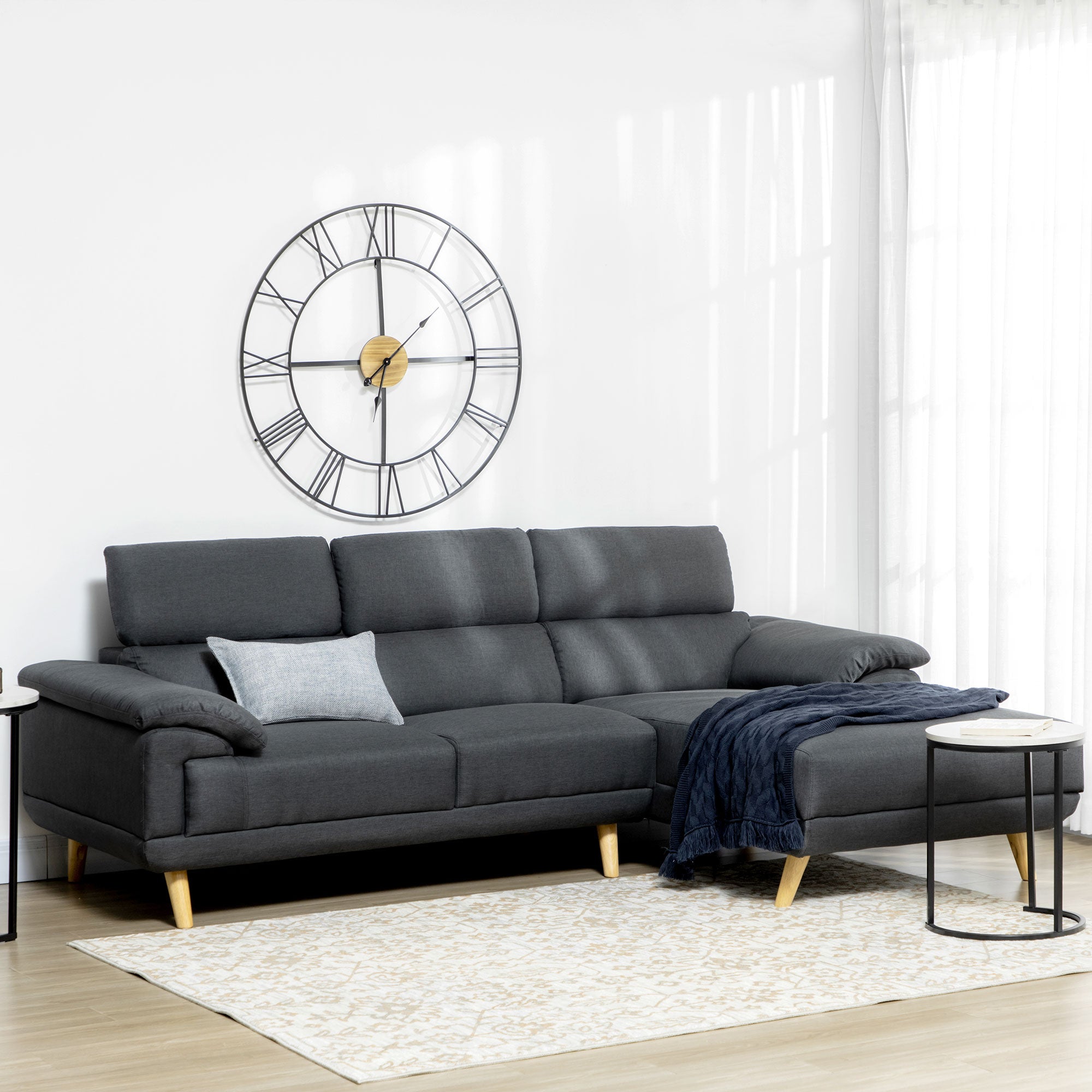 HOMCOM 3 Seater Corner Sofas for Living Room with Adjustable Headrest, Fabric L Shaped Sofa Settee, Couch, Dark Grey 