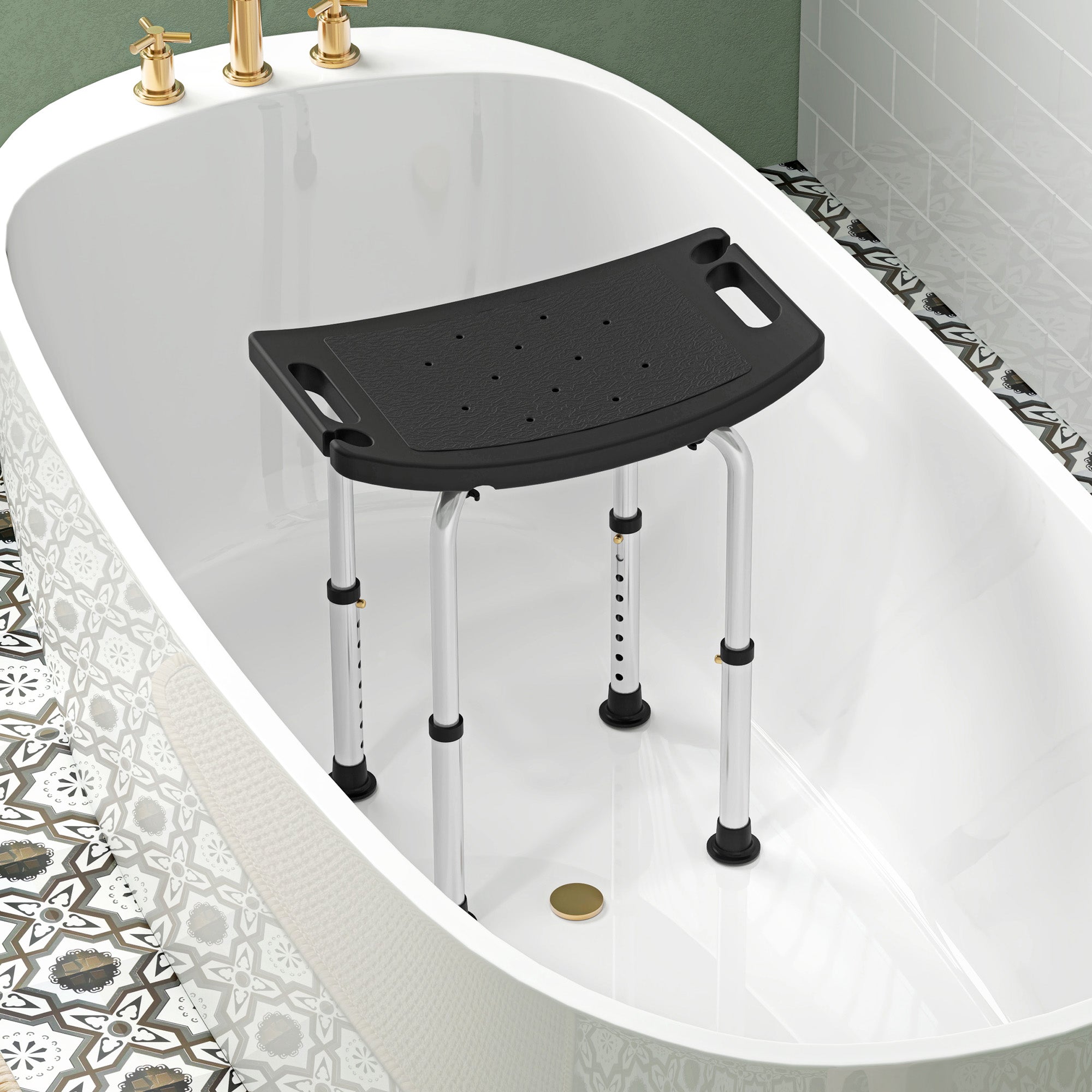 HOMCOM Height Adjustable Bath Stool, Aluminium Shower Stool with Non-Slip Pads for Elderly, Disabled, Seniors, Pregnant, Black 