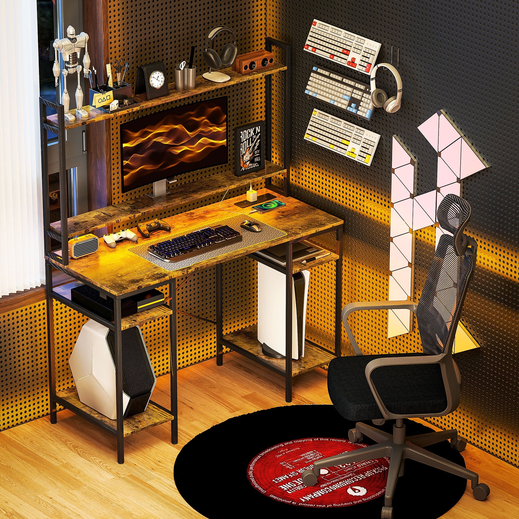 HOMCOM Computer Desk with Power Outlets and LED Lights, Home Office Desk with Monitor Stand and 2 CPU Stands, Study Table Gaming Desk with Hutch, Rustic Brown 