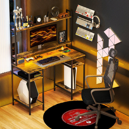 HOMCOM Computer Desk with Power Outlets and LED Lights, Home Office Desk with Monitor Stand and 2 CPU Stands, Study Table Gaming Desk with Hutch, Rustic Brown 
