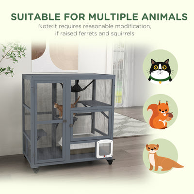 PawHut Cat House, Wooden Outdoor Catio Cat Enclosure on Wheels, Wooden Kitty Cage with Platforms, Hammock, Light Grey 