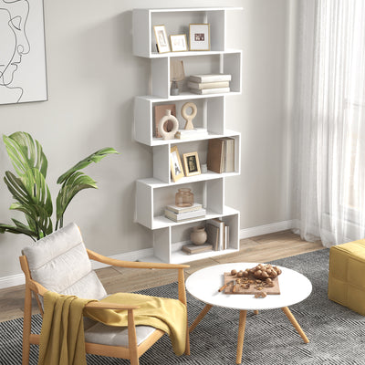 HOMCOM Bookcase, 6 Tier Shelf S Shaped Bookshelf, Storage Unit, Display Shelf for Living Room, Bedroom, Home Office, Plant, White 
