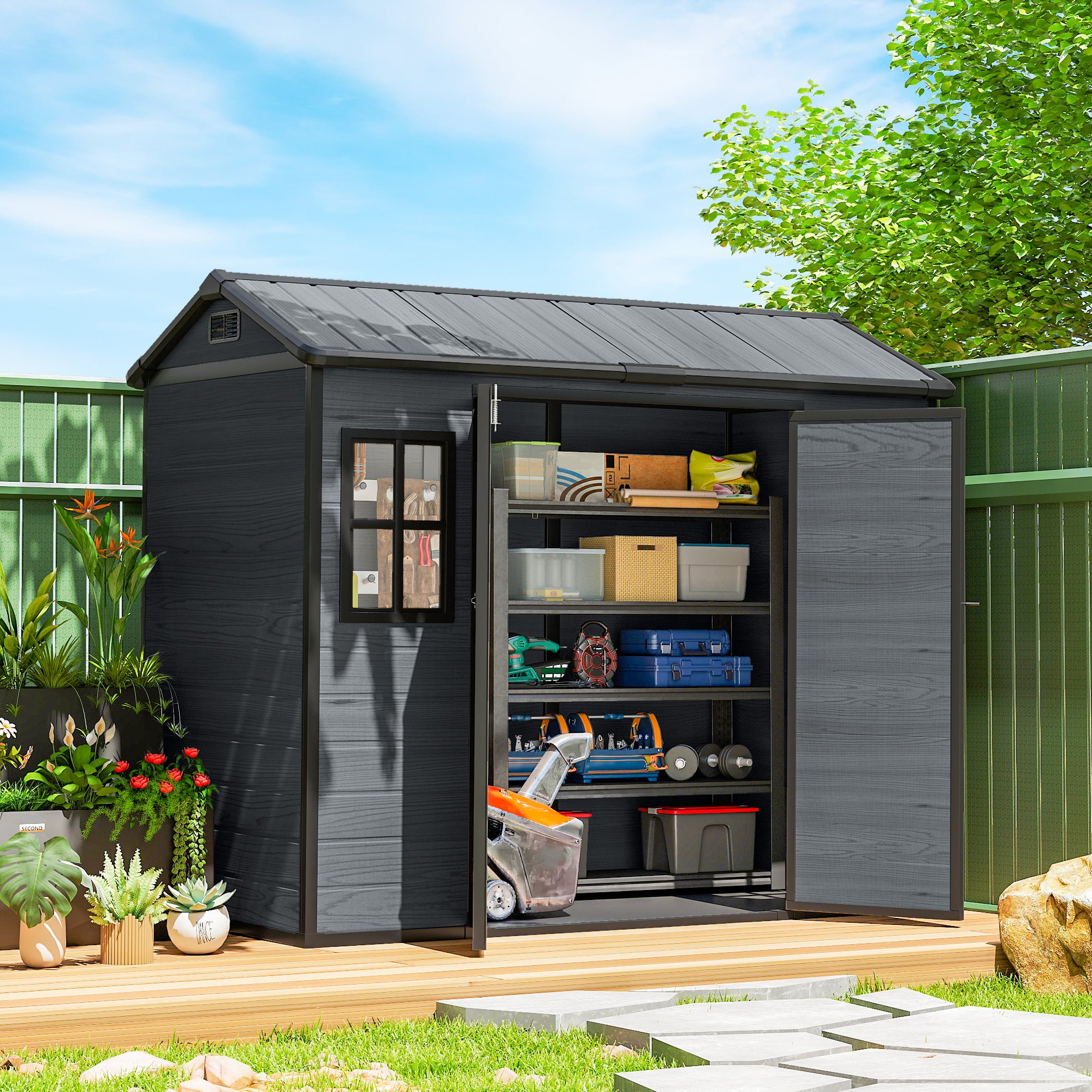 Outsunny 8 x 4 ft Resin Garden Shed, Wood-Effect Outdoor Storage Shed with Floor, Windows, Lockable Doors and Vents, Dark Grey 
