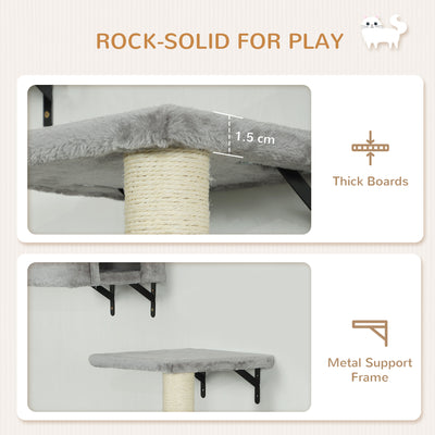 PawHut 6-Piece Cat Wall Shelves Set with Condo, Cat Wall Furniture with Platforms, Sisal Scratching Post, Bed, Toy Ball, Grey 