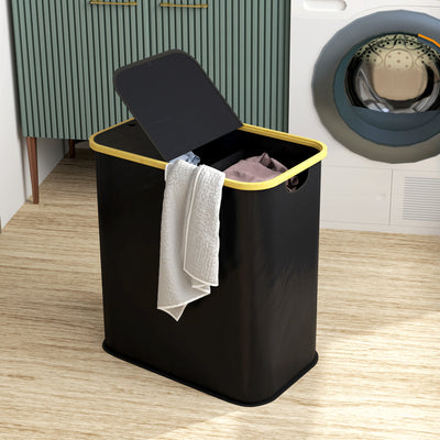HOMCOM Double Laundry Basket With Lid, 80L Collapsible Laundry Hamper with Groove Handles, Washing Basket for Bathroom, Bedroom, Laundry Room, Black 