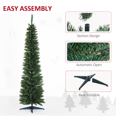HOMCOM 7ft Unlit Artificial Christmas Tree, Pencil Slim Xmas Tree with Solid Stand and Realistic Branches, Green 