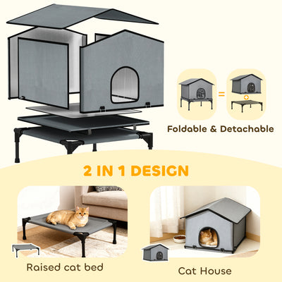 PawHut Outdoor Cat House, Waterproof Insulated Cat Kennel with Elevated Base, Foldable Feral Kitty Shelter for Kittens, Grey 