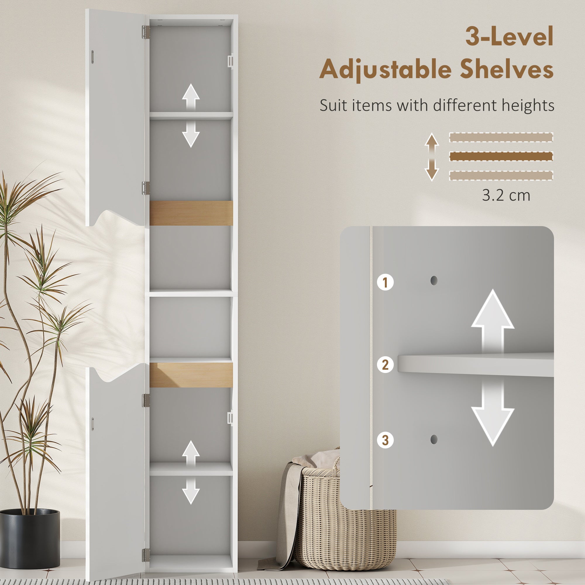 HOMCOM Tall Slim Bathroom Cabinet with 2 Doors, 2 Shelves - White 