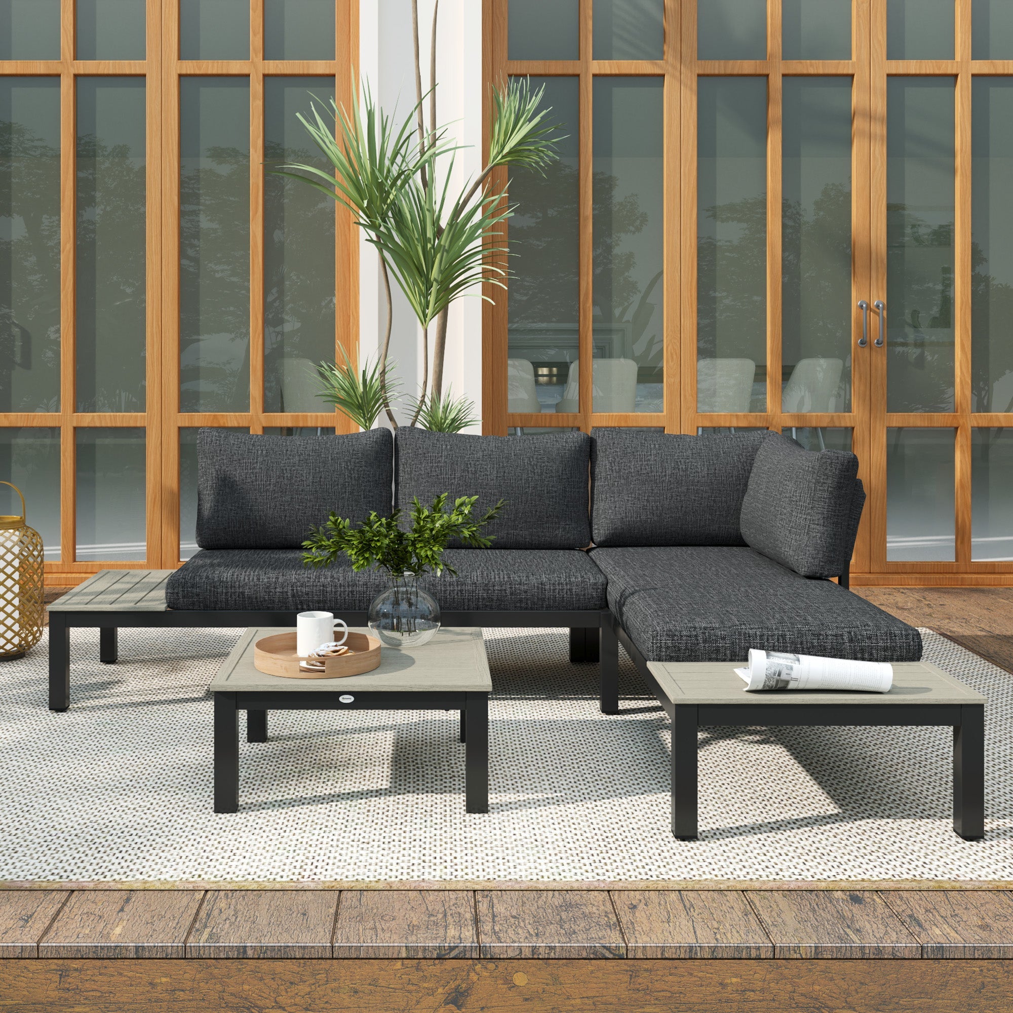 Outsunny 3 Pieces Garden Furniture Set, Aluminium 4 Seater Corner Sofa Set with 2 Loveseats, Coffee Table and Side Trays, Outdoor Conversation Furniture with Cushions for Garden, Dark Grey 