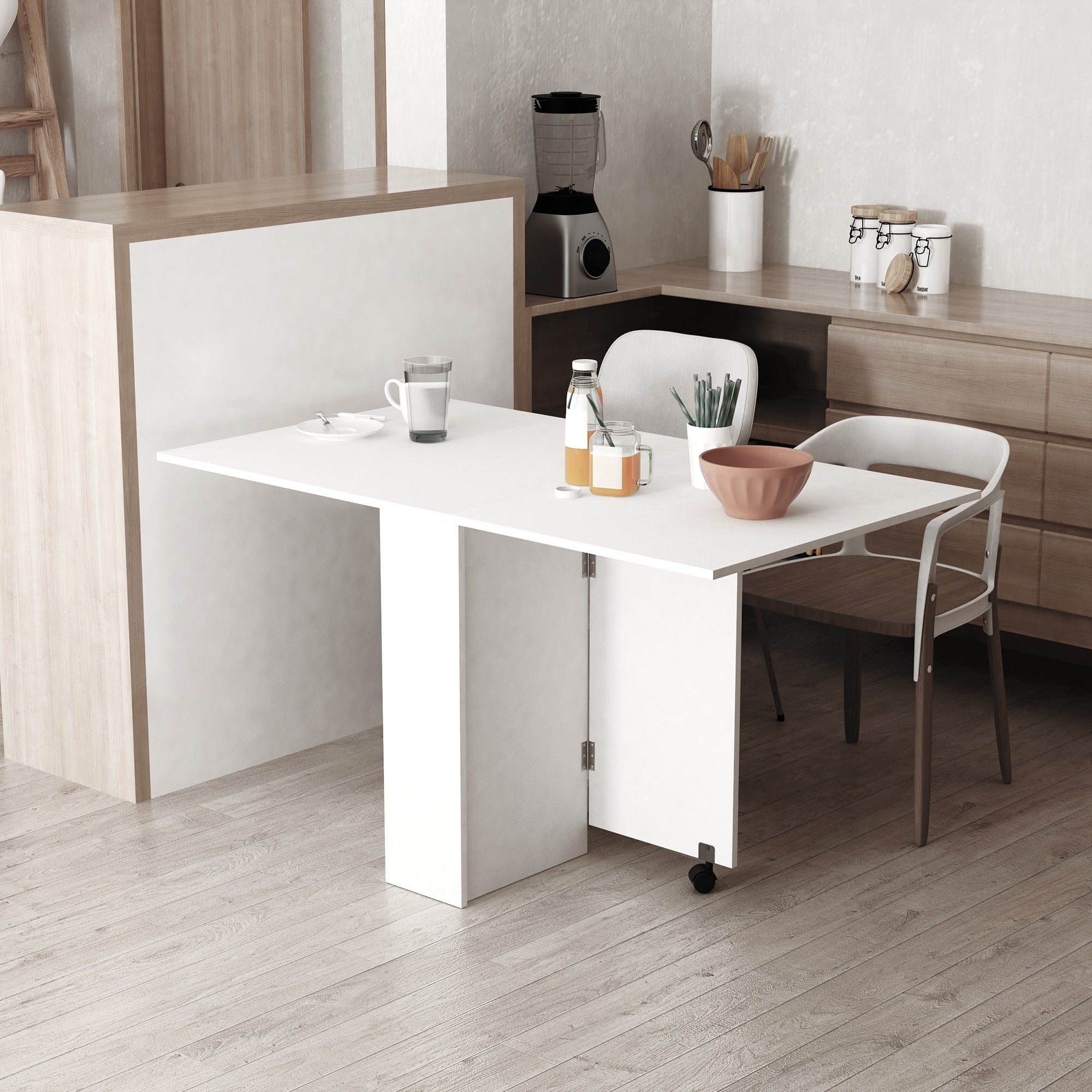 HOMCOM Folding Dining Table, Drop Leaf Table with 2-Tier Shelves, Rolling Casters, for Small Spaces, Kitchen, White 