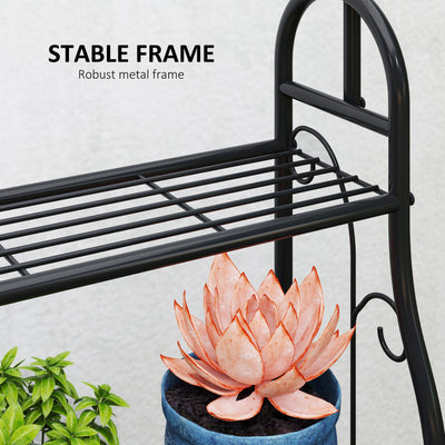 Outsunny 3 Tier Plant Stand with Hanging Rod and Hooks, Metal Plant Rack Shelf, Ladder Flower Pot for Indoor Outdoor Porch Balcony Living Room Bedroom, Black 