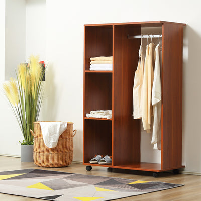HOMCOM Open Wardrobe on Wheels, Bedroom Wardrobe with Clothes Hanging Rail, 3 Storage Shelves, Mobile Garment Rack for Cloakroom, Hallway, Walnut 